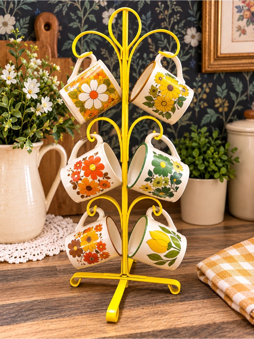 Yellow Metal Mug Tree 6 Cup Holder Retro Kitchen Stand